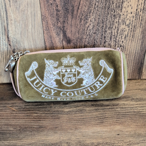 Juicy Couture Handbags - Juicy Couture Olive Velvet Velour Pink Trim Barrel Bag Clutch M550